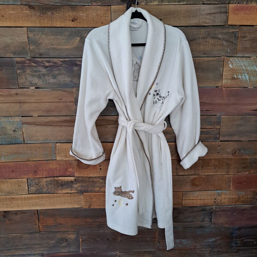 Cat Lovers Womens Beige Fleece Cozy Bath Robe Size Large With Embroidered Cats